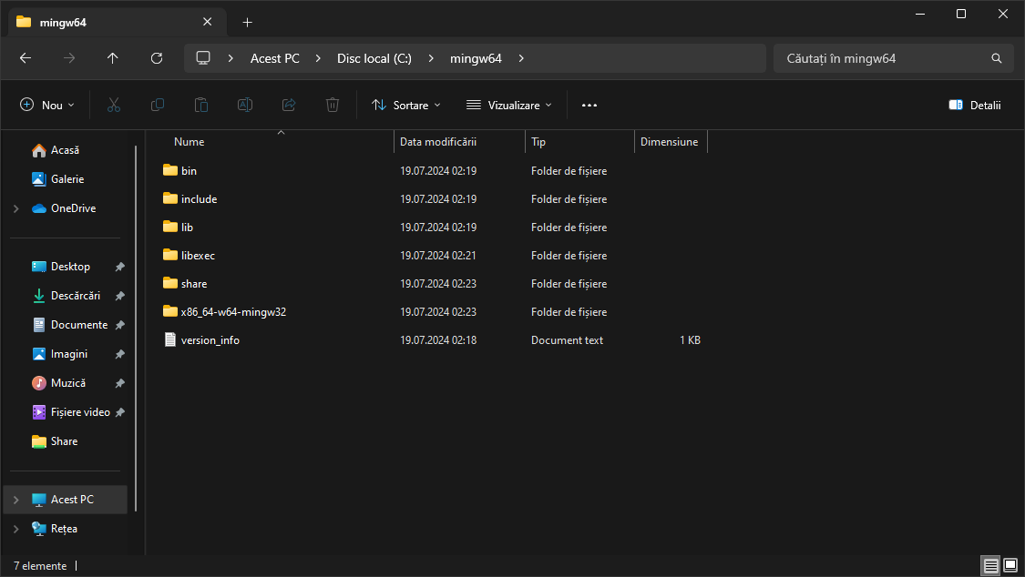 O fereastră de Explorer care arată conținutul directorului dezarhivat. Conține directoarele bin, include, lib, libexec, share, x86_64-w64-mingw32 și fișierul version_info.txt.