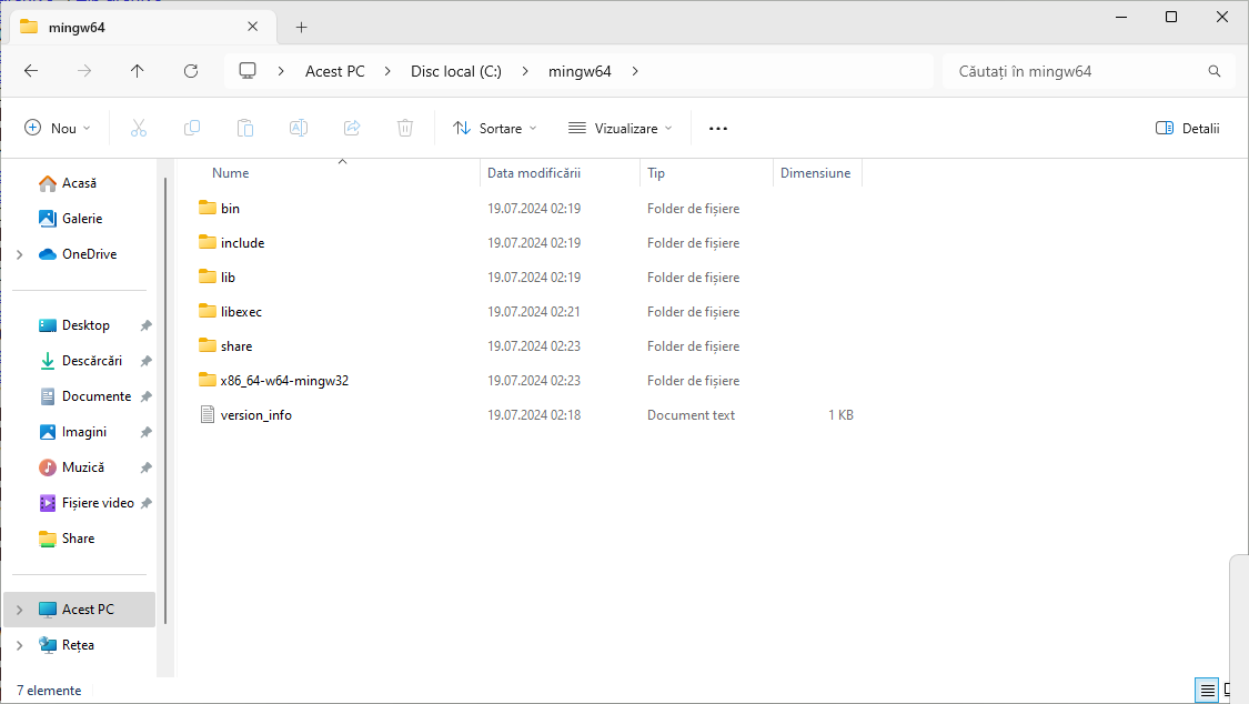 O fereastră de Explorer care arată conținutul directorului dezarhivat. Conține directoarele bin, include, lib, libexec, share, x86_64-w64-mingw32 și fișierul version_info.txt.