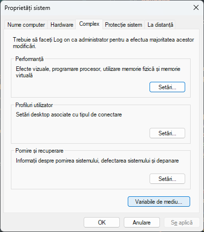 Tab-ul Complex, care conține butonul Variabile de mediu